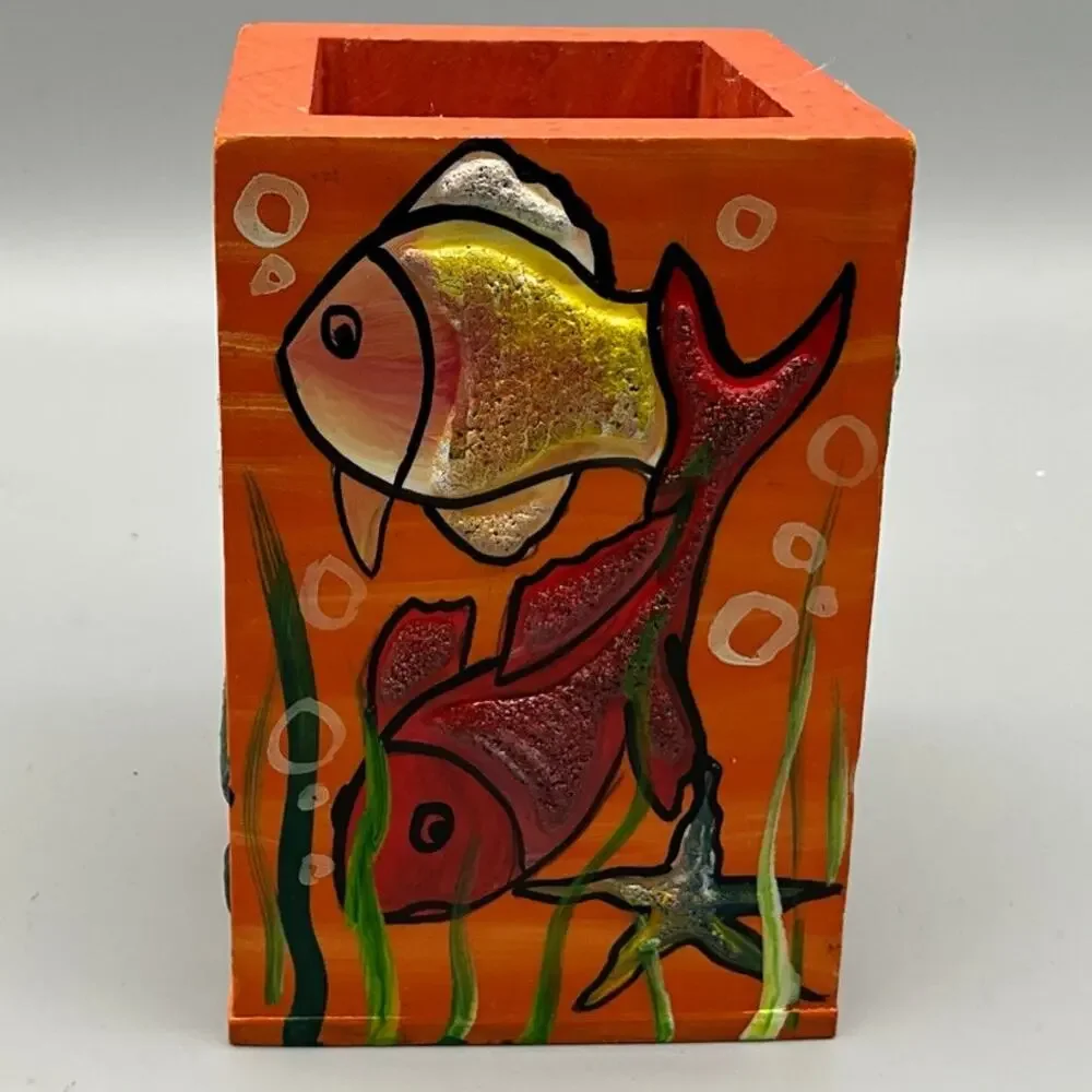 Roatan Reef Wooden Utility Storage Box Hand Painted 3D Painted Fish 3